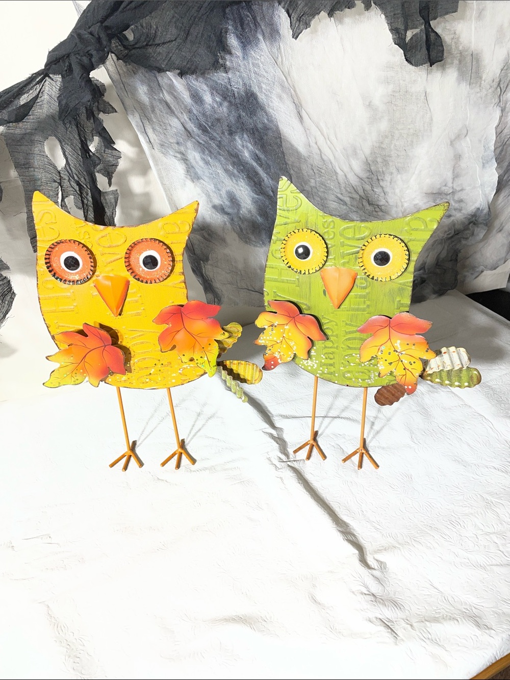 Bright Yellow and Lime Green Owl Metal Wall Decor Pair